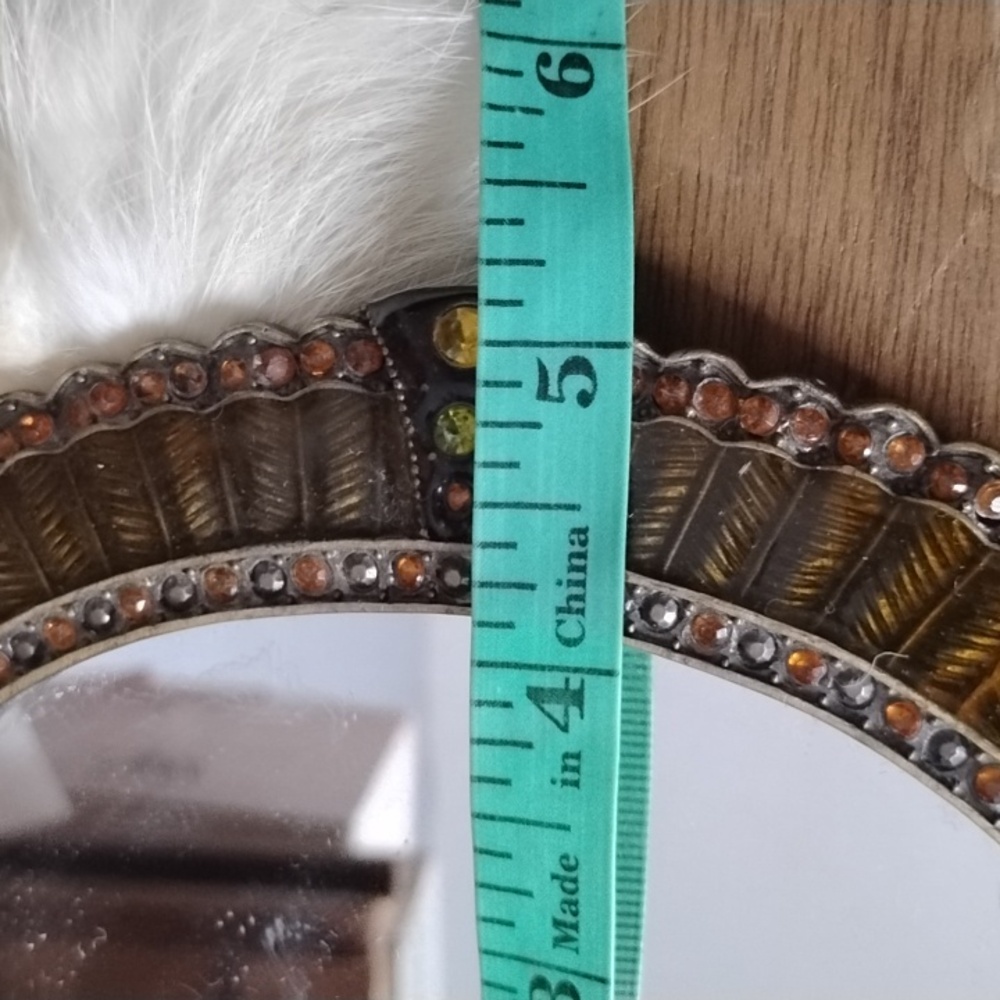 . Vintage Hand Held Mirror - Orange Brown Enameled w Rhinestones Vanity Mirror - Picture 6 of 9